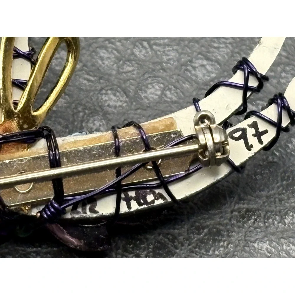 LizTech Dragonfly Brooch Pin Gold Tone Enamel Purple White Beads